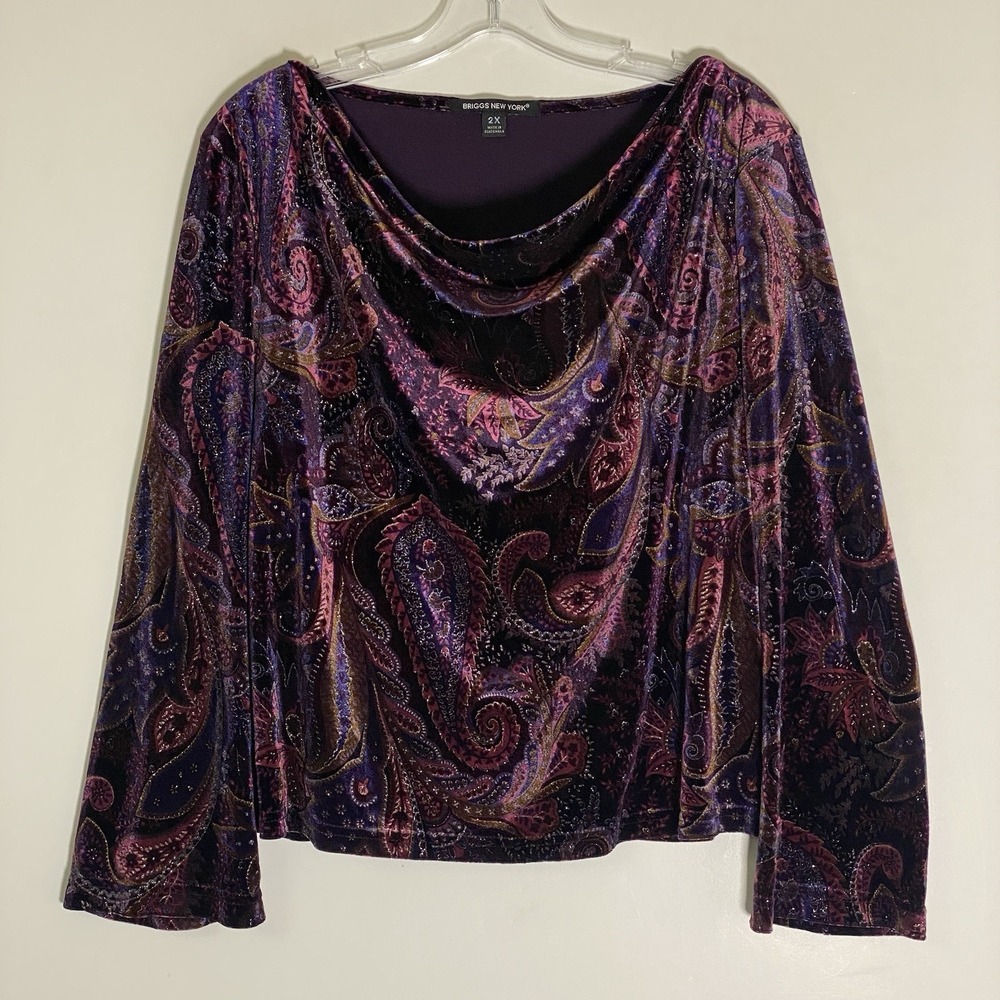 Briggs New York Top Womens 2X Purple Paisley Velvet Fairy Whimsygoth Drape Neck